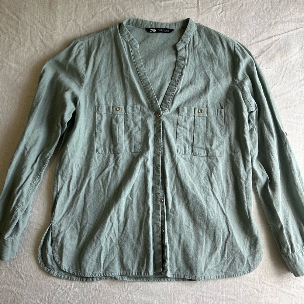 Zara Green Long Sleeve Mandarin Collar Button Down